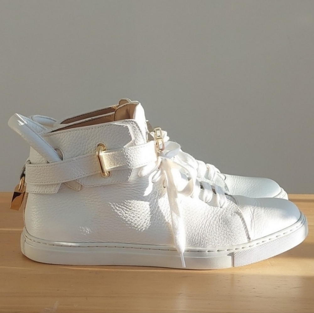 Buscemi White Leather High-Top Sneakers with Gold Hardware